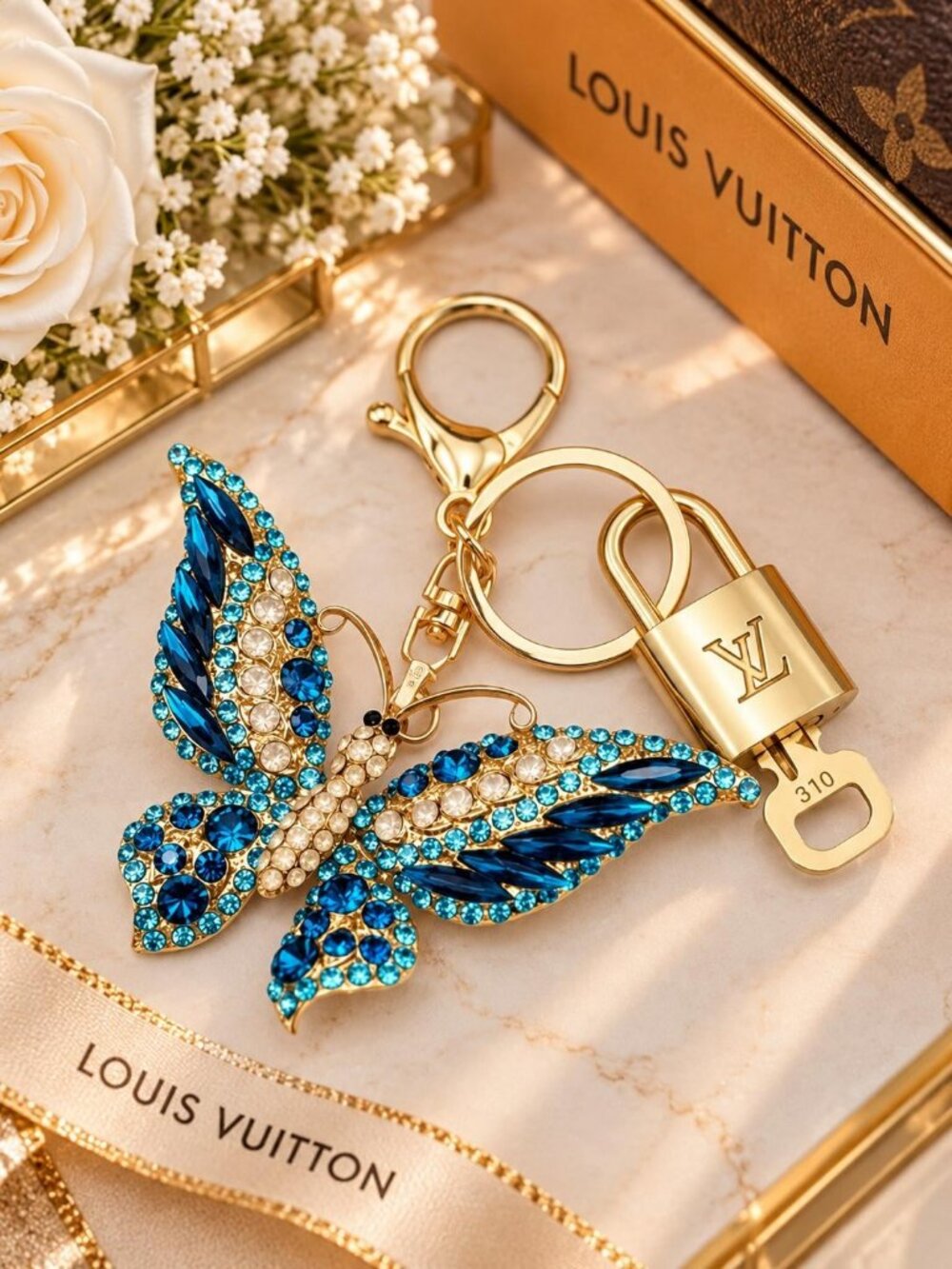 LV Authentic Gold Padlock 🔒 Key Set w/ Unbranded Butterfly Keychain Charm